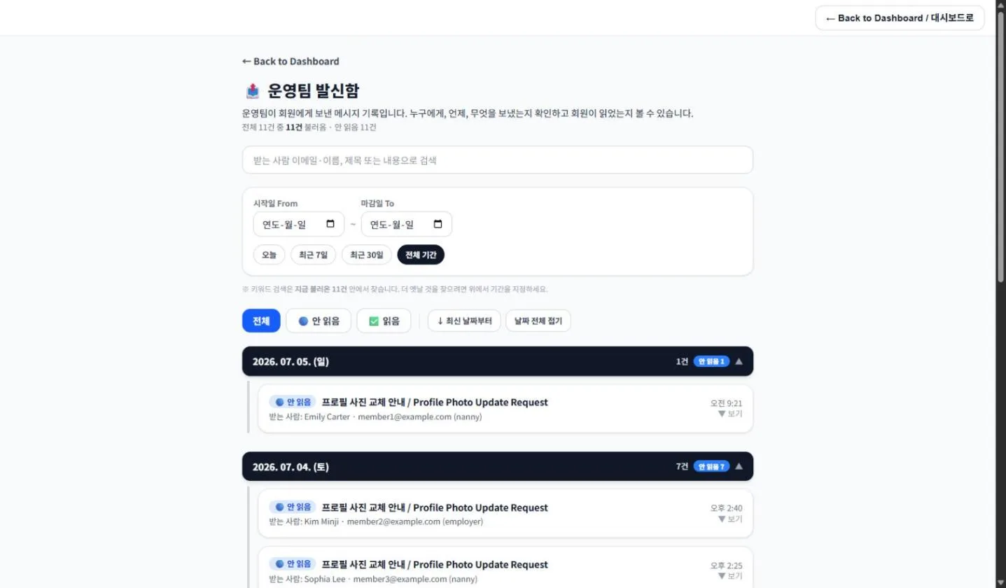내니잡 관리자 운영팀 발신함 (받는 사람은 샘플)